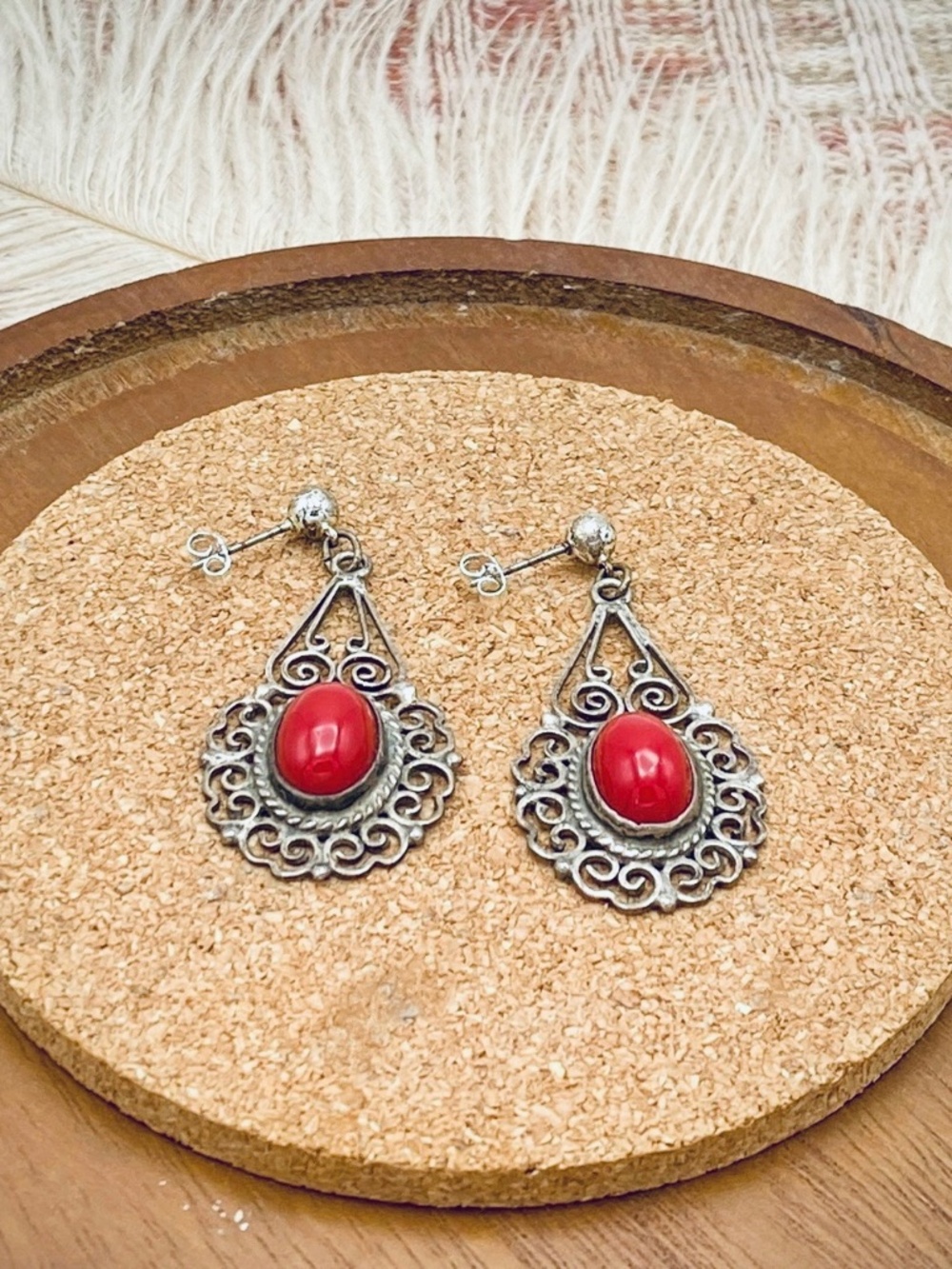 Mexico Pre-War JE 925 Red Jasper Mexico City DF Silver Filigree Signed Earrings